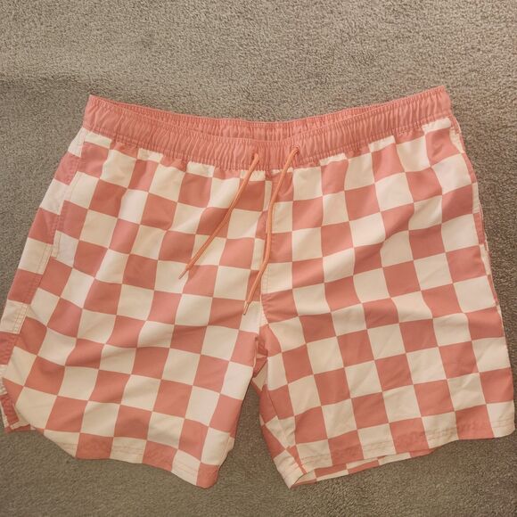 Mad Engine Men's Coral & Orange Checked Microfiber Swim Shorts Sz: XL - Picture 2 of 5